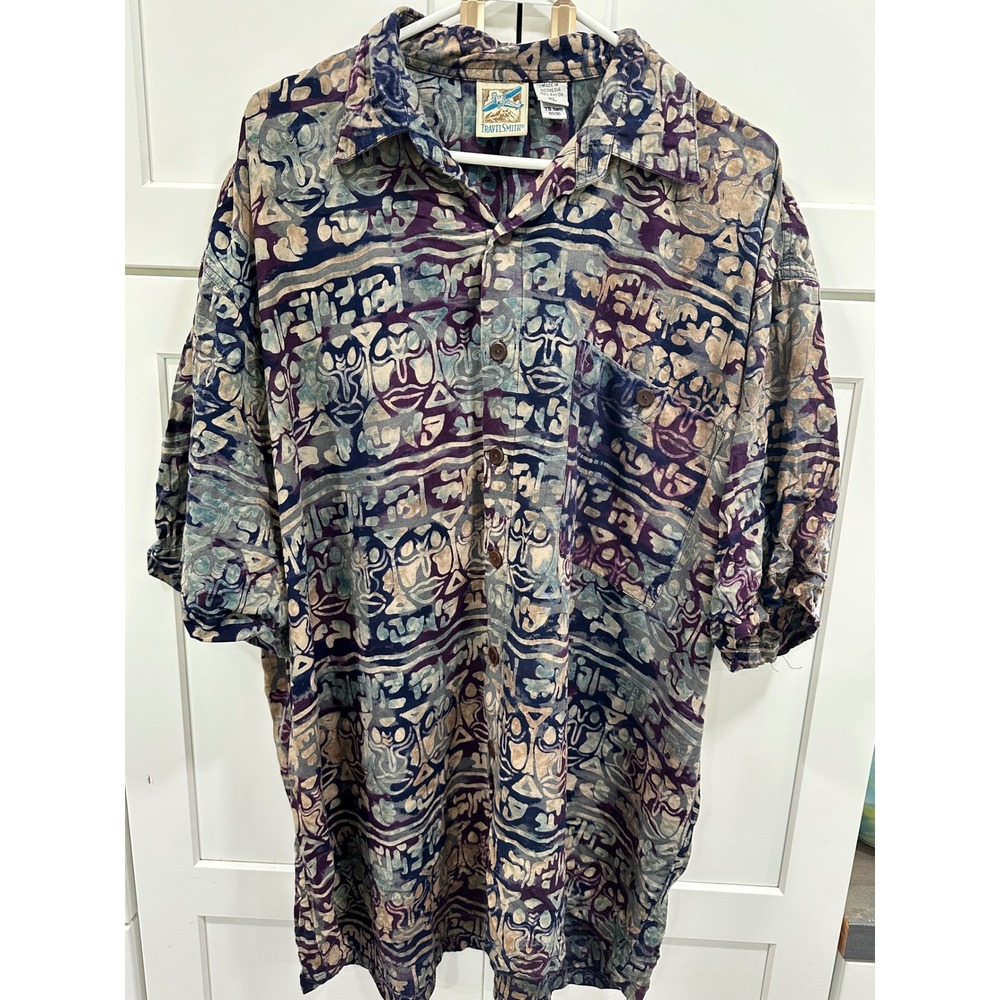 TravelSmith Mens XL Rayon Batik Tribal Mask Print Short Sleeve Button Down Shirt